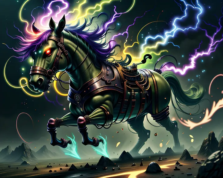 Epic wide angle shot of a horse made out of (olive green V0id3nergy:1.25) and colorful energy, space nebula and iridescent colors, excessive energy jolttech in the shape of a horse, running in a grassfield at night
<lora:kVoidEnergy:1>
<lora:JoltTech:0.8>
