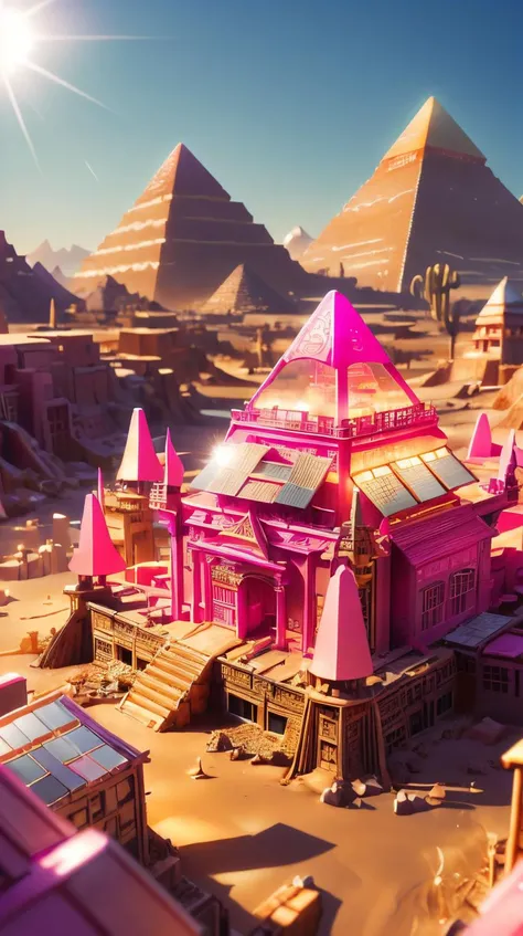 Pink colored <lora:BarbieCore:0.9> BarbieCore a pyramid-like temple in a future desert city harnessing solar energy, (shiny plastic:0.8), (pink plastic:0.9) CattlePunkAI <lora:CattlePunkAI:0.6>, (tilt-shift photography:1.3)