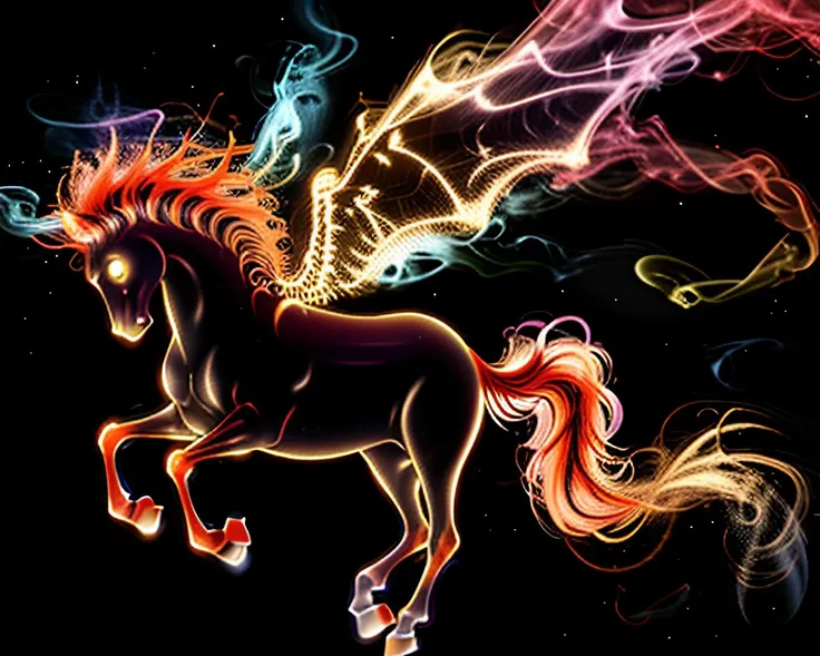 Epic wide angle shot of a horse made out of (orange smoke:1.25) and colorful energy, space nebula and iridescent colors, smoke light strokes and the energy of the universe in the shape of a horse, running in a grassfield at night
<lora:Smoke:1>
