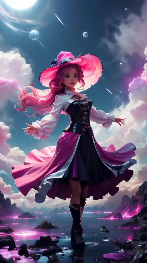 Pink colored <lora:BarbieCore:0.9> BarbieCore Style-GravityMagic, portrait, looking up, solo, (full body:0.6), detailed background, witch hat, witch, magical atmosphere, hair flowing in the wind, blue trimmed dark colored clothes, swirling elemental streams in the air, swirling portal, dark magic, floating particles, abandoned valley background, backlighting, dim light,, (shiny plastic:0.8), (pink plastic:0.9) LunarPunkAI <lora:LunarPunkAI:0.6>, (tilt-shift photography:1.3)