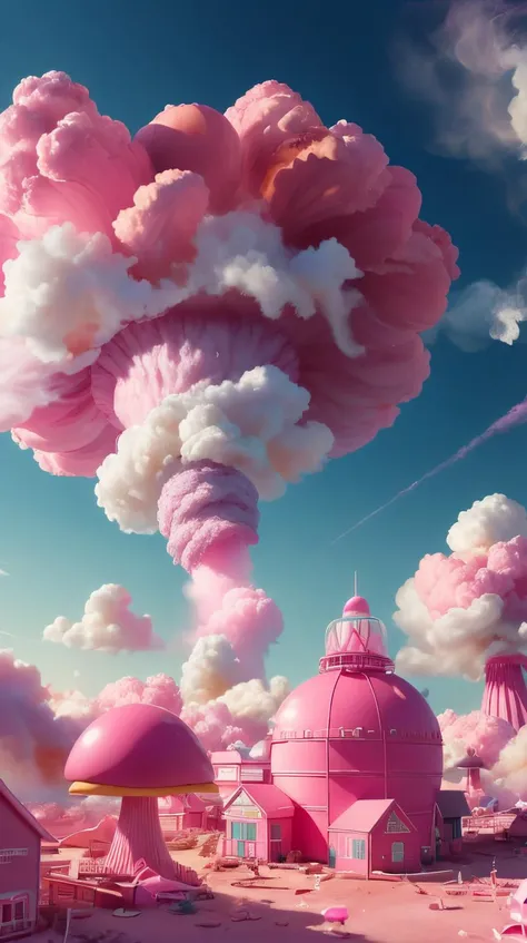 Pink colored <lora:BarbieCore:0.9> BarbieCore a single pink nuclear mushroom cloud detonating, seen over the horizon of the pink plastic barbie village, pink explosion, smoke, shockwave, dust, (masterpiece:1.3) RAW photo