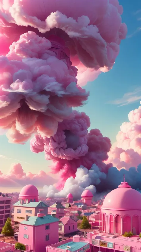 Pink colored <lora:BarbieCore:0.9> BarbieCore a single pink nuclear mushroom cloud detonating, seen over the horizon of the pink plastic barbie village, pink explosion, smoke, shockwave, dust, (masterpiece:1.3) RAW photo