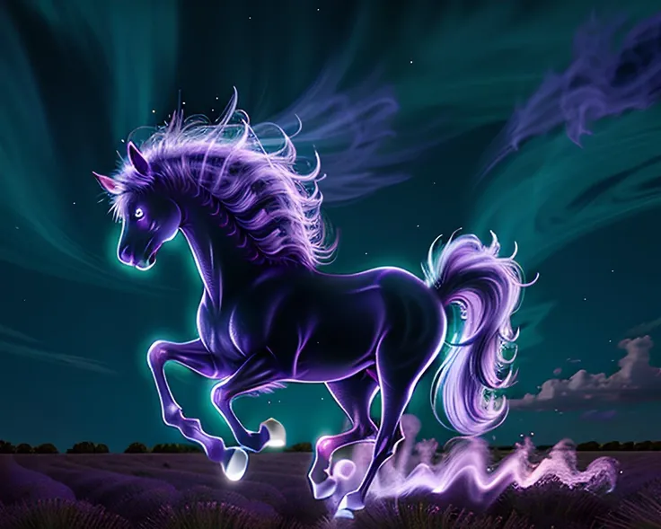 Epic wide angle shot of a horse made out of (lavender purple smoke:1.25) and colorful energy, space nebula and iridescent colors, smoke light strokes and the energy of the universe in the shape of a horse, running in a grassfield at night
<lora:Smoke:1>