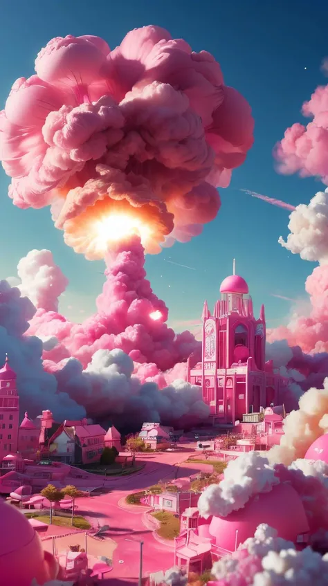 Pink colored <lora:BarbieCore:0.9> BarbieCore a single pink nuclear mushroom cloud detonating, seen over the horizon of the pink plastic barbie village, pink explosion, smoke, shockwave, dust, (masterpiece:1.3) RAW photo