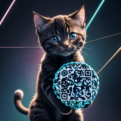 (masterpiece:1.1), (highest quality:1.1), (HDR:1.0), (a cute kitten holding large yarn ball), animal, fluffy, (adorable), natural lighting, black and aqua, (expressive cartoon), expressive face, (synthwave:1.2)