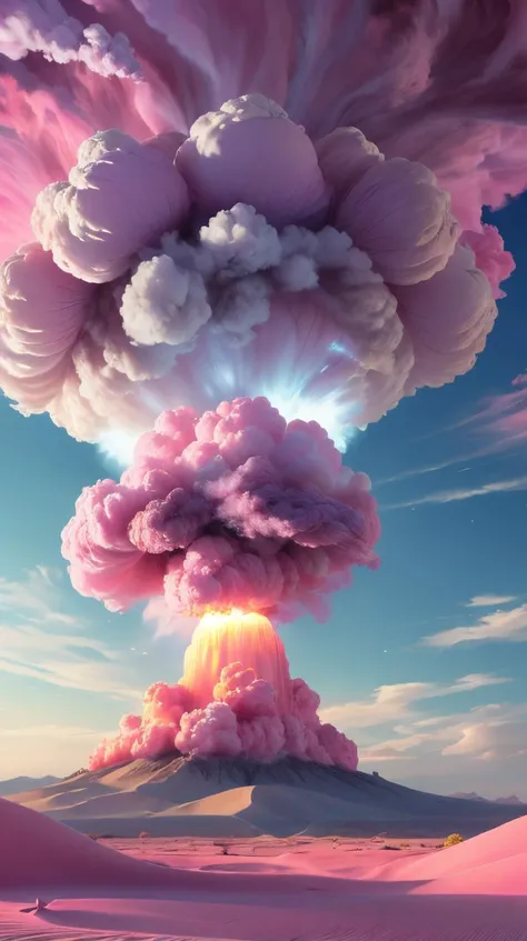 Pink colored <lora:BarbieCore:0.9> BarbieCore a single pink nuclear mushroom cloud detonating over the desert detonation nuclear test site, pink explosion, smoke, shockwave, dust, (masterpiece:1.3) RAW photo