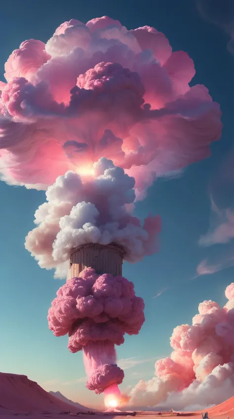 Pink colored <lora:BarbieCore:0.9> BarbieCore a single pink nuclear mushroom cloud detonating over the desert detonation nuclear test site, pink explosion, smoke, shockwave, dust, (masterpiece:1.3) RAW photo