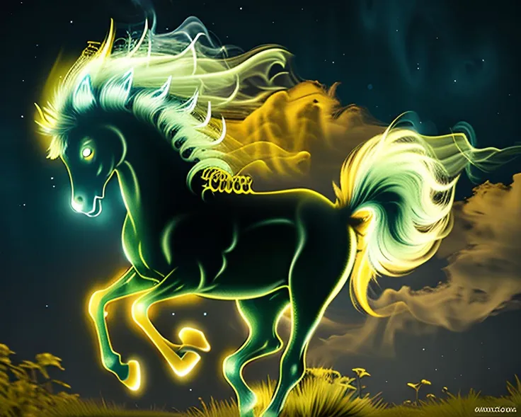 Epic wide angle shot of a horse made out of (mustard yellow smoke:1.25) and colorful energy, space nebula and iridescent colors, smoke light strokes and the energy of the universe in the shape of a horse, running in a grassfield at night
<lora:Smoke:1>