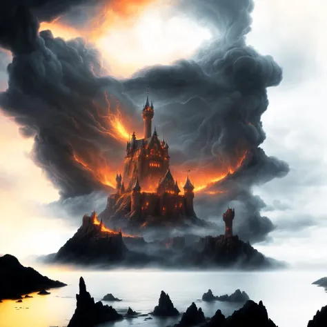 epic scene of a fantasy mythical landscape under a stormy sky with a castle on fire <lora:more_details:1>