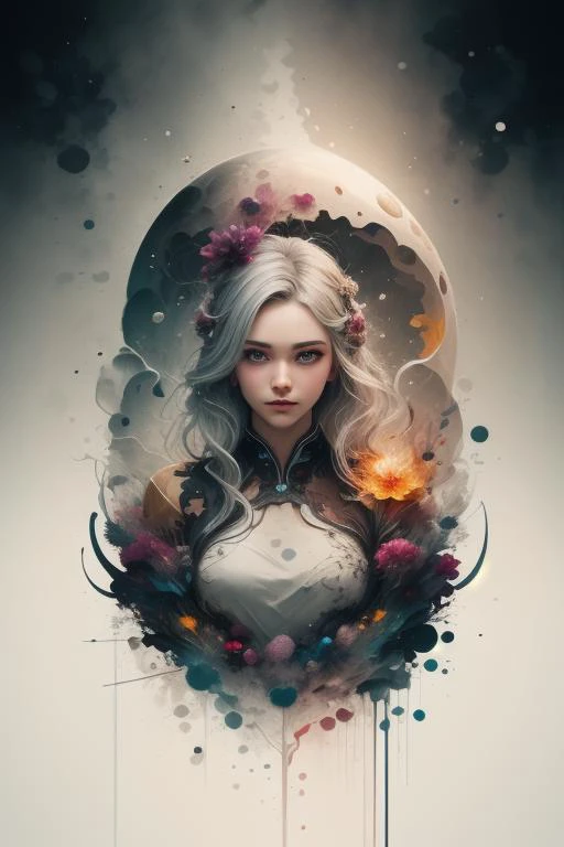 (masterpiece, top quality, best quality, official art, beautiful and aesthetic:1.2), (1girl:1.2), cute, extreme detailed,(abstract:1.4, fractal art:1.3),(silver_hair:1.1), fate \(series\), colorful,highest detailed, fire, ice, lightning, (splash_art:1.2), jewelry:1.4, hanfu, <lora:ink-0.1-3-b28-bf16-D128-A1-1-ep64-768-DAdaptation-cosine:0.8> , scenery, ink,