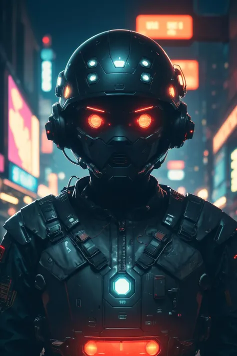 a person in a cyberhelmet at night,pixel, dark, neon lights, cinematic lighting,tactical oversized jacket, closeup, cyberpunk, hard surface modeling, full of battle gear, red keylight, obscure lighting contrast, poetic, detailed, realistic, 8k uhd, high quality