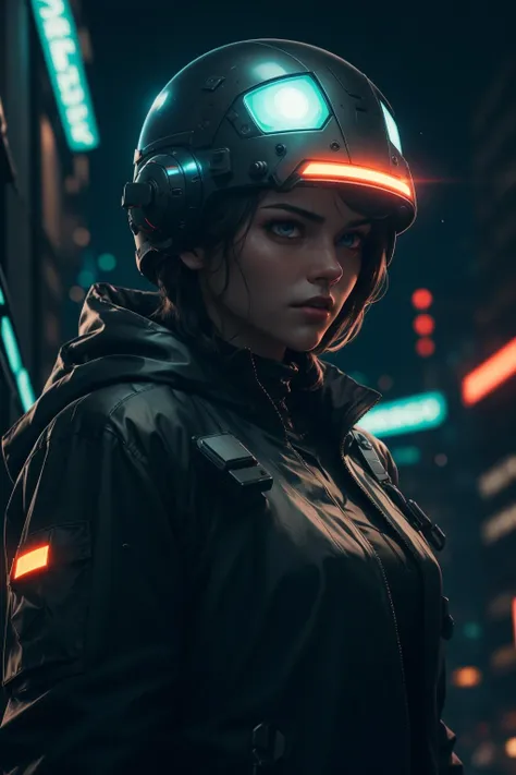 a person in a cyberhelmet at night,pixel, dark, neon lights, cinematic lighting,tactical oversized jacket, closeup, cyberpunk, hard surface modeling, full of battle gear, red keylight, obscure lighting contrast, poetic, detailed, realistic, 8k uhd, high quality