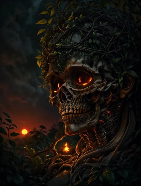 photo realistic, steaming thick jungle, hard to see bones of a human skeleton trapped in vines against a stone wall, lost treasure, cinematic lighting, sunset, <lora:more_details:1>, <lora:wowifierV3:1>