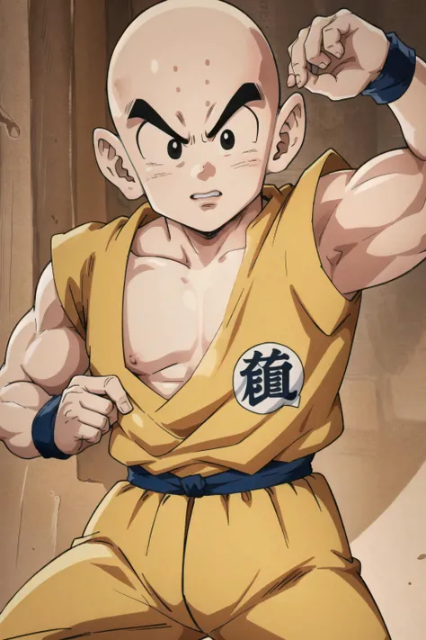 ((best quality)), ((masterpiece)), (detailed), krillin, solo, 1boy, gi, orange gi, fighting poses, bald, clenched hand, looking at viewer, black eyes, muscular, <lora:krillin_chara-10:0.7>