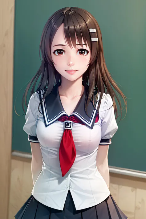 ((Japanese high school uniform)),Wear a short pleated skirt 、Silk panties sticking out、panty shot、focus on panties、Soft skin、ponytail, japanese girl, 8K, huge breasts,full body shot、 highest quality, masterpiece, realistic, Photorealistic super detail, one girl, cute, best smile, beautiful eyes, long hair, perfect face,full body shot