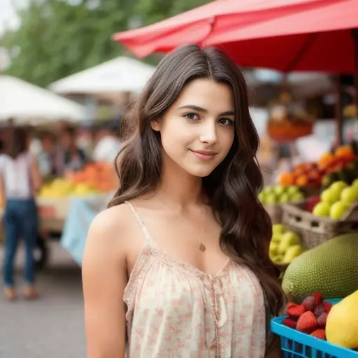 a professional full body photograph of a  1girl with wavy brown hair, on a market, selling fruit, wearing casual clothes, hdr 4k, 8k, ultra realistic, concept art, highly detailed, sharp, focus, hyperrealism, cgi, octane render