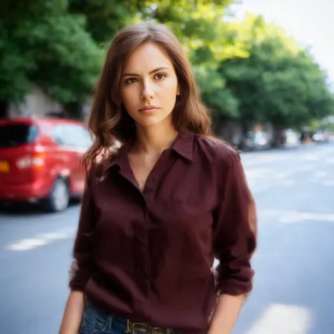 a raw professional portrait photograph of a woman, brown hair, white shirt, on a street, (photorealistic), fujiFilm XF3