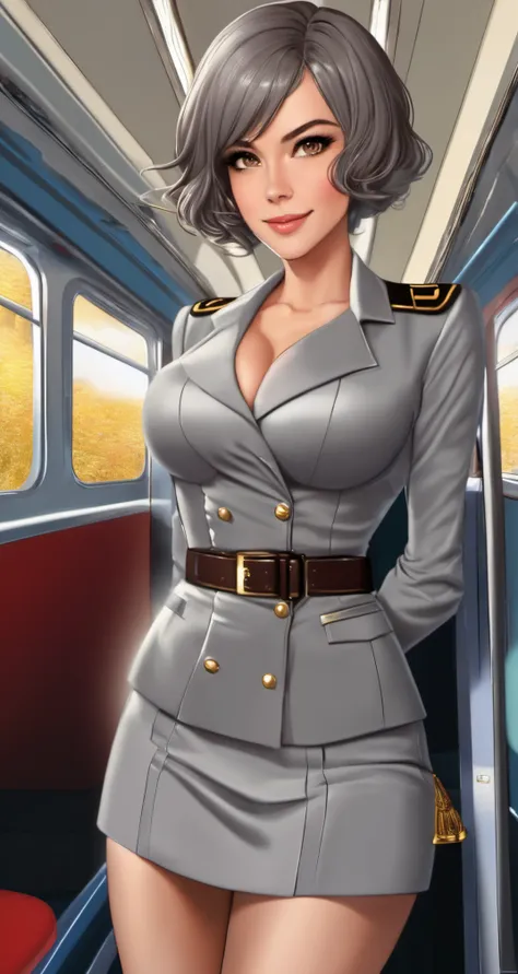 woman, solo, grey hair, dark brown eyes, train attendant,  babes style, naughty smile,
([Alyssa Milano|Cara Delevingne|Eva Green]:0.85), middle shot, 
vector image, 
symmetrical face, large breasts, fit, well dressed, body suite,
masterpiece, professional, high quality, beautiful, amazing,( anime:0.7), DeviantArt, Camisole, short hair, 
masterpiece, highres,  4k, detailed background, beautiful, (masterpiece:0.8), by Gustav Klimt, by Damien Hirst, <lora:babes_style_sdxl_1.0:0.4>