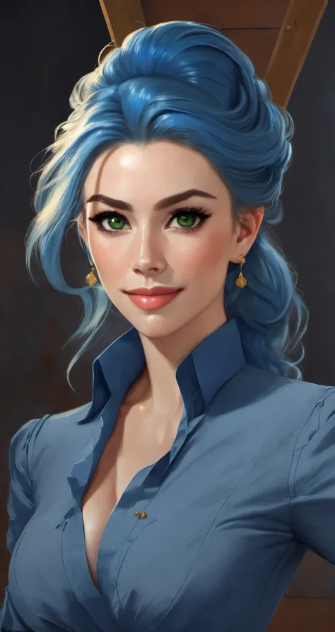 woman, solo, blue hair, dark green eyes, construction worker,  babes style, naughty smile,
([Emily Blunt|Emma Roberts|Bridget Moynahan]:0.85), middle shot, 
Gouache Painting, 
symmetrical face, large breasts, fit, well dressed, body suite,
masterpiece, professional, high quality, beautiful, amazing,( victorian:0.7), zbrushcentral, fengguan, big hair, 
masterpiece, highres,  4k, detailed background, unadvised, (elegant:0.8), by Édouard Manet, by Austin Briggs, <lora:babes_style_sdxl_1.0:0.7>