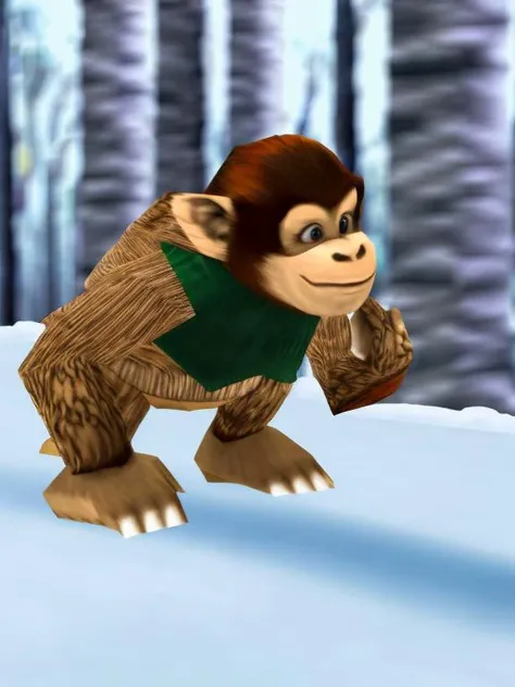 <lora:icbin64:1> 3d, (n64style:1.3), ocarinaoftime, screenshot of a nintendo 64 game, n64, monkey, donkey kong, brown, hair, olive sweater, white shirt, winter forest, natural skin texture, soft cinematic light, elegant, detailed, sharp focus, soothing tones, details, low contrast, dim colors, faded