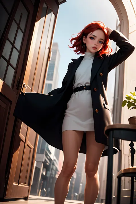 (ultra realistic,32k, masterpiece:1.2),(high detailed skin:1.1),( high quality:1.1),
nsfw,
senior, dainty, southeast asian, stretched ears, curved nose, asymmetrical cheeks, angular forehead, diamond face shape, graceful arch of the foot, , voluminous curls red hair, loneliness,,
wearing Isabel Marant oversized wool coat,
(looking at viewer, standing, from below:1.1),knee up,
dormer window
cheerful and lively,
hyperrealism,
blurred desaturated bokeh background,
soothing tones,
muted colors,
high contrast,
natural skin texture,
soft light,
sharp,
artistic photoshoot,
<lora:crown_braid-1.0:0.8>
