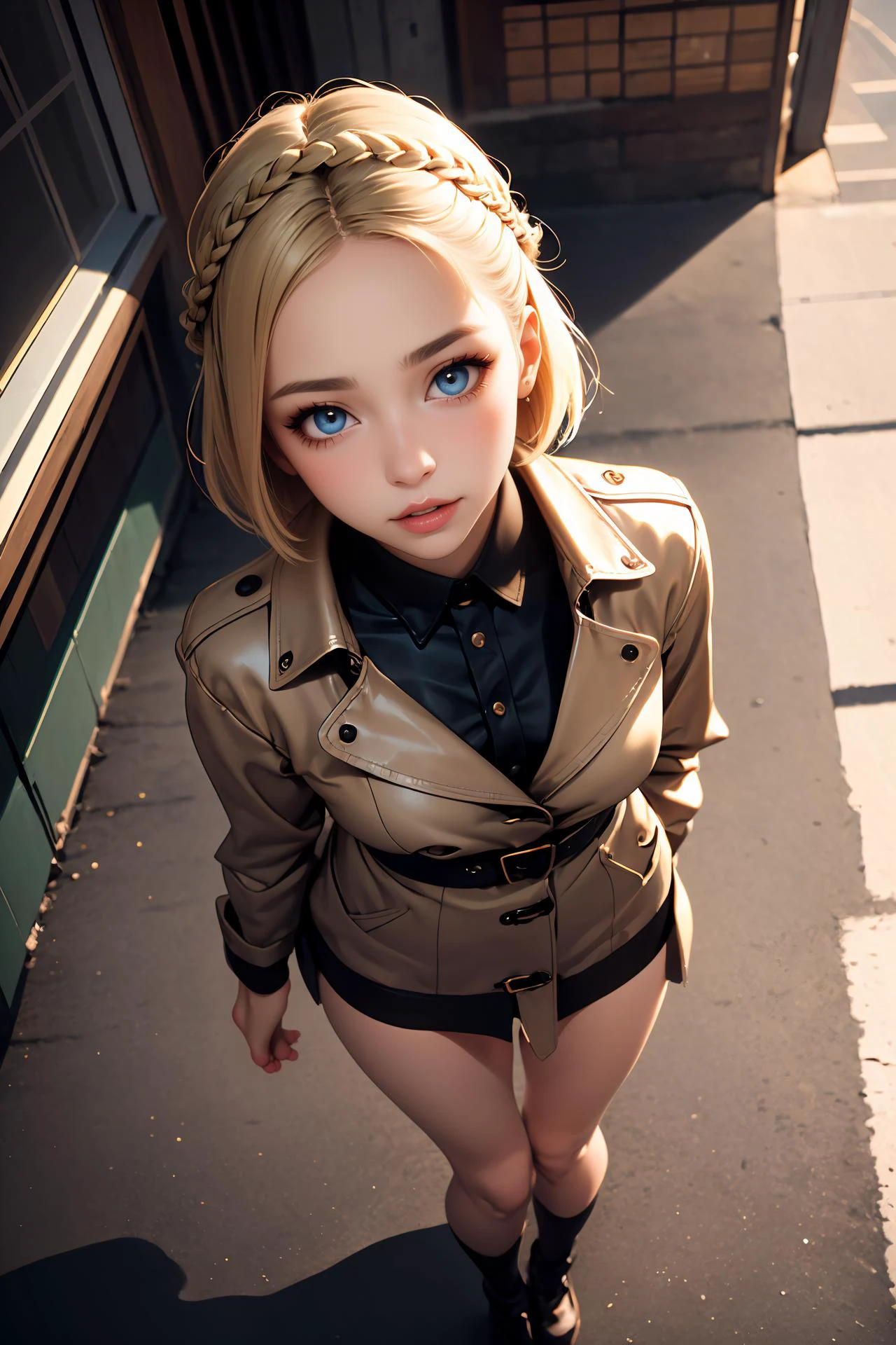 (ultra realistic,32k, masterpiece:1.2),(high detailed skin:1.1),( high quality:1.1),
nsfw,
senior, slender, european, emerald eyes,pale cheeks, square face shape with angular jaw, natural "no-makeup" makeup , sandy blonde crown braid, short hair, grief,,
wearing Prada leather trench coat with a belted waist and oversized collar,
(looking at viewer, standing, crossed legs, from above:1.1),
a-frame roof
cheerful and lively,
hyperrealism,
blurred desaturated bokeh background,
soothing tones,
muted colors,
high contrast,
natural skin texture,
soft light,
sharp,
artistic photoshoot,
<lora:crown_braid-1.0:0.8>
