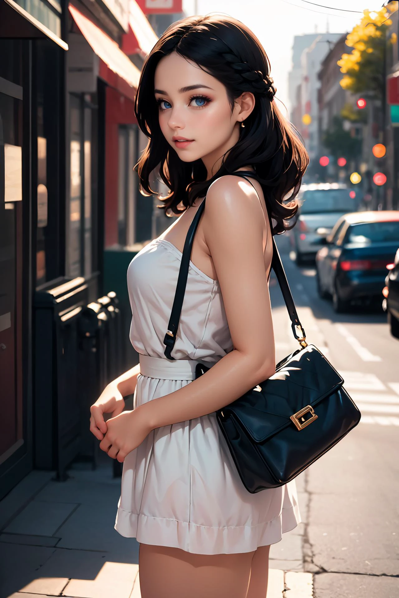 (ultra realistic,32k, masterpiece:1.2),(high detailed skin:1.1),( high quality:1.1),
nsfw,
golden age, robust, european, deep blue eyes, curled ears, angular nose, square chin, bridal makeup , light black (soft black) braids hair, laugh,,
wearing Marc Jacobs: Snapshot bag, Daisy perfume,
(looking at viewer, standing, crossed legs, from side:1.1),
newel post
cheerful and lively,
hyperrealism,
blurred desaturated bokeh background,
soothing tones,
muted colors,
high contrast,
natural skin texture,
soft light,
sharp,
artistic photoshoot,
<lora:crown_braid-1.0:0.8>