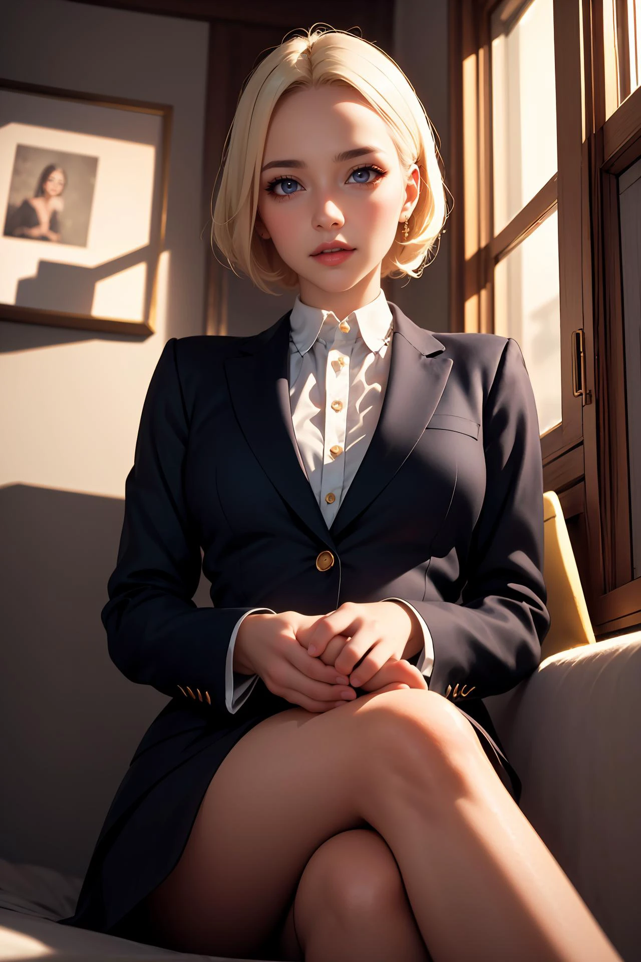 (ultra realistic,32k, masterpiece:1.2),(high detailed skin:1.1),( high quality:1.1),
nsfw,
senior, stacked, scandinavian, golden eyes, unusual nose, round chin, protruding jaw, prominent forehead, shapely neck, , platinum blonde pompadour hair, interest,,
wearing Alexander McQueen black wool blazer with gold hardware,
(looking at viewer, lying, crossed legs, from below:1.1),
oriel window
cheerful and lively,
hyperrealism,
blurred desaturated bokeh background,
soothing tones,
muted colors,
high contrast,
natural skin texture,
soft light,
sharp,
artistic photoshoot,
<lora:crown_braid-1.0:0.8>