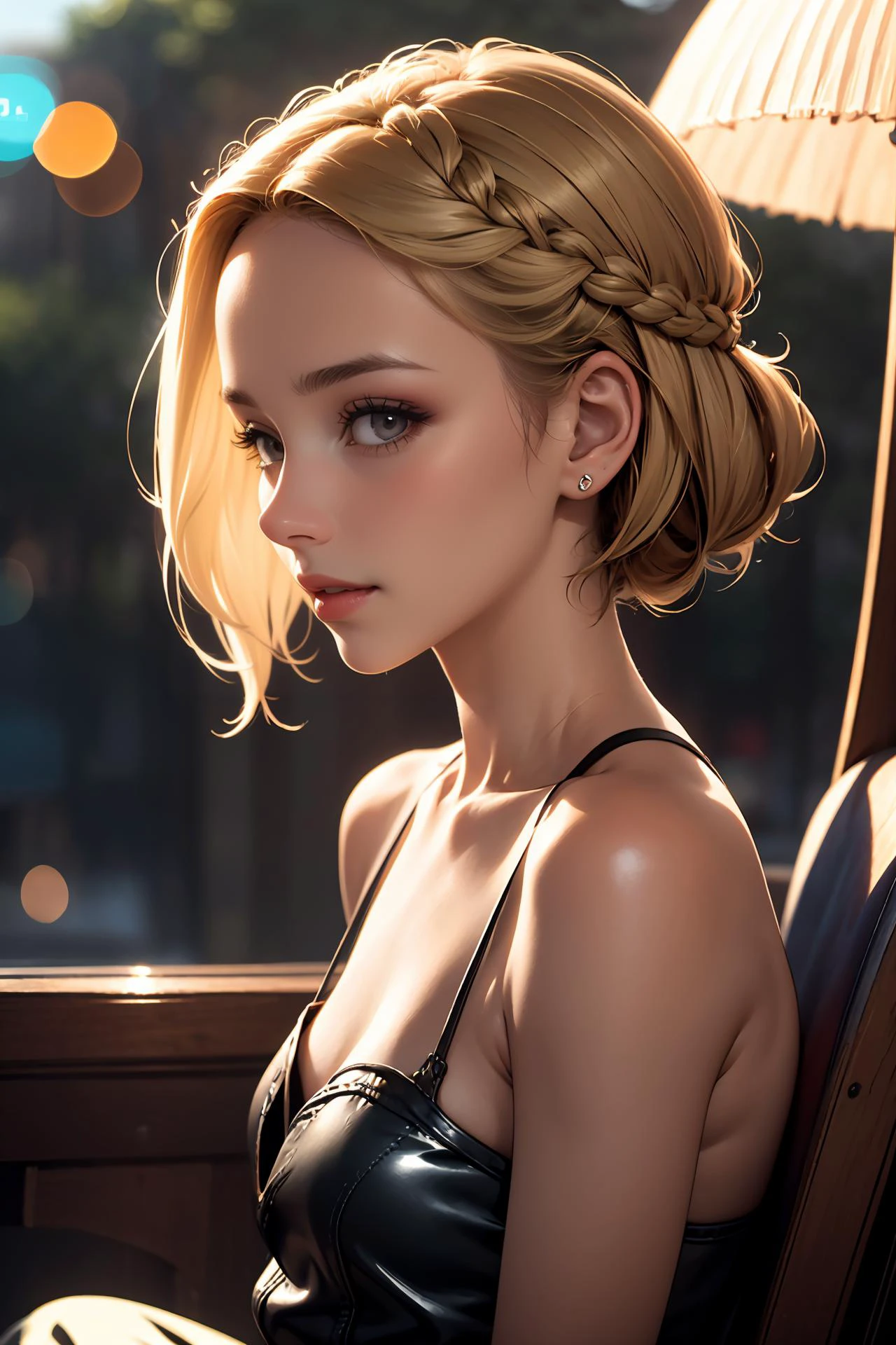 (ultra realistic,32k, masterpiece:1.2),(high detailed skin:1.1),( high quality:1.1),
nsfw,
legal age, elegant, gypsies, brown eyes, unlobed ears, prominent cheeks, flat forehead, round face shape, graceful collarbone, , sandy blonde box braids hair, awe,,
wearing Silk blouse, leather pants, and flats,
(looking at viewer, sitting, from side:1.1),
cupola
cheerful and lively,
hyperrealism,
blurred desaturated bokeh background,
soothing tones,
muted colors,
high contrast,
natural skin texture,
soft light,
sharp,
artistic photoshoot,
<lora:crown_braid-1.0:0.8>