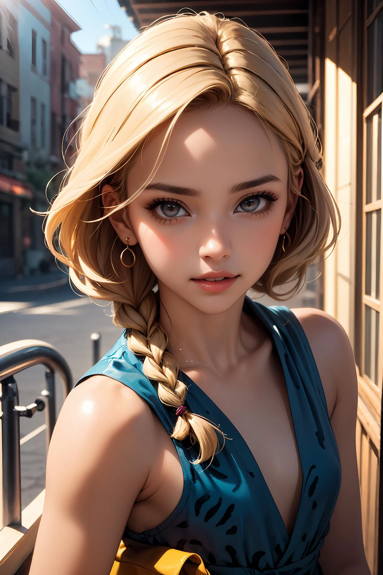 (ultra realistic,32k, masterpiece:1.2),(high detailed skin:1.1),( high quality:1.1),
nsfw,
legal age, elegant, gypsies, brown eyes, unlobed ears, prominent cheeks, flat forehead, round face shape, graceful collarbone, , sandy blonde box braids hair, awe,,
wearing Clothes: A vibrant animal print wrap dress with a ruffled hemline.,
(looking at viewer, Bend forward, crossed legs:1.1),
balustrade
cheerful and lively,
hyperrealism,
blurred desaturated bokeh background,
soothing tones,
muted colors,
high contrast,
natural skin texture,
soft light,
sharp,
artistic photoshoot,
<lora:crown_braid-1.0:0.8>