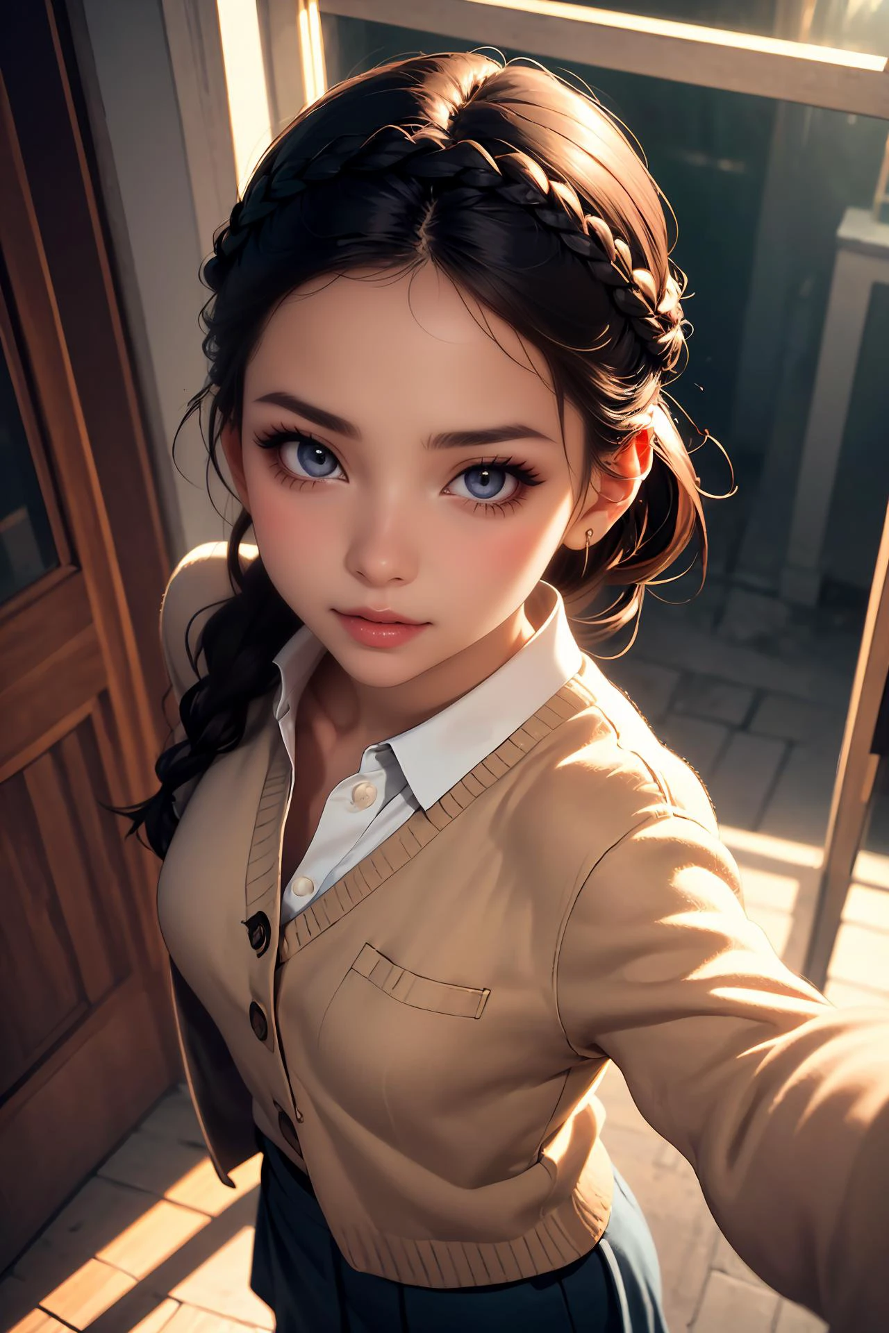 (ultra realistic,32k, masterpiece:1.2),(high detailed skin:1.1),( high quality:1.1),
nsfw,
young adult, broad, southeast asian, golden eyes, asymmetrical ears, narrow jaw, uneven forehead, nasal septum, copper crown braid hair, trust,,
wearing Alexander McQueen black wool blazer with gold hardware,
(looking at viewer, standing, from above:1.1),knee up,
transom window
cheerful and lively,
hyperrealism,
blurred desaturated bokeh background,
soothing tones,
muted colors,
high contrast,
natural skin texture,
soft light,
sharp,
artistic photoshoot,
<lora:crown_braid-1.0:0.8>