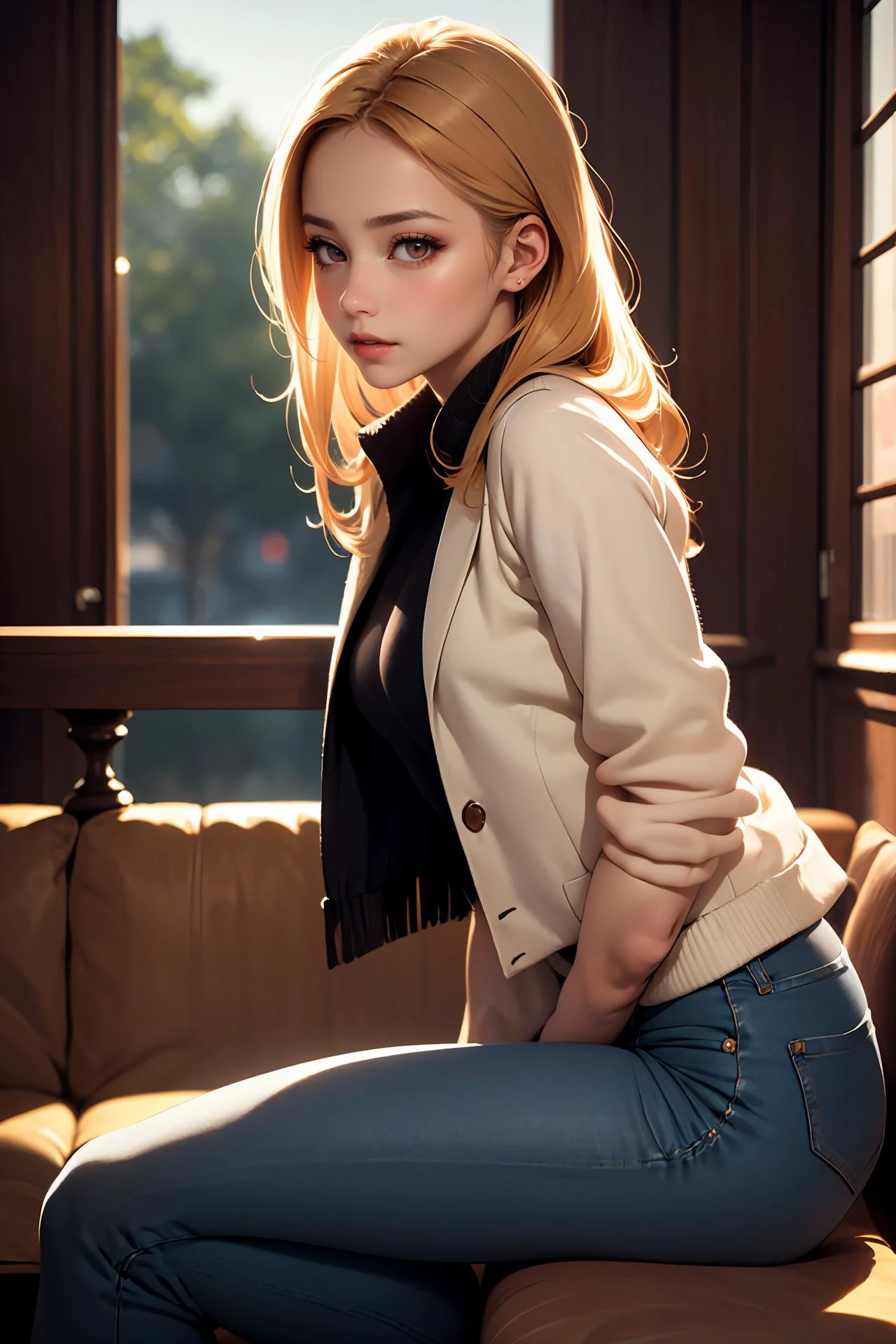 (ultra realistic,32k, masterpiece:1.2),(high detailed skin:1.1),( high quality:1.1),
nsfw,
twenty-something, pear-shaped, east asian, ruby red eyes, unlobed ears, dorsal hump nose, hollow cheeks, narrow forehead, square face shape, , strawberry blonde french twist hair, guilt,,
wearing Fringed jacket, black pants, and heels,
(looking at viewer, sitting, crossed legs, from side:1.1),
baluster
cheerful and lively,
hyperrealism,
blurred desaturated bokeh background,
soothing tones,
muted colors,
high contrast,
natural skin texture,
soft light,
sharp,
artistic photoshoot,
<lora:crown_braid-1.0:0.8>