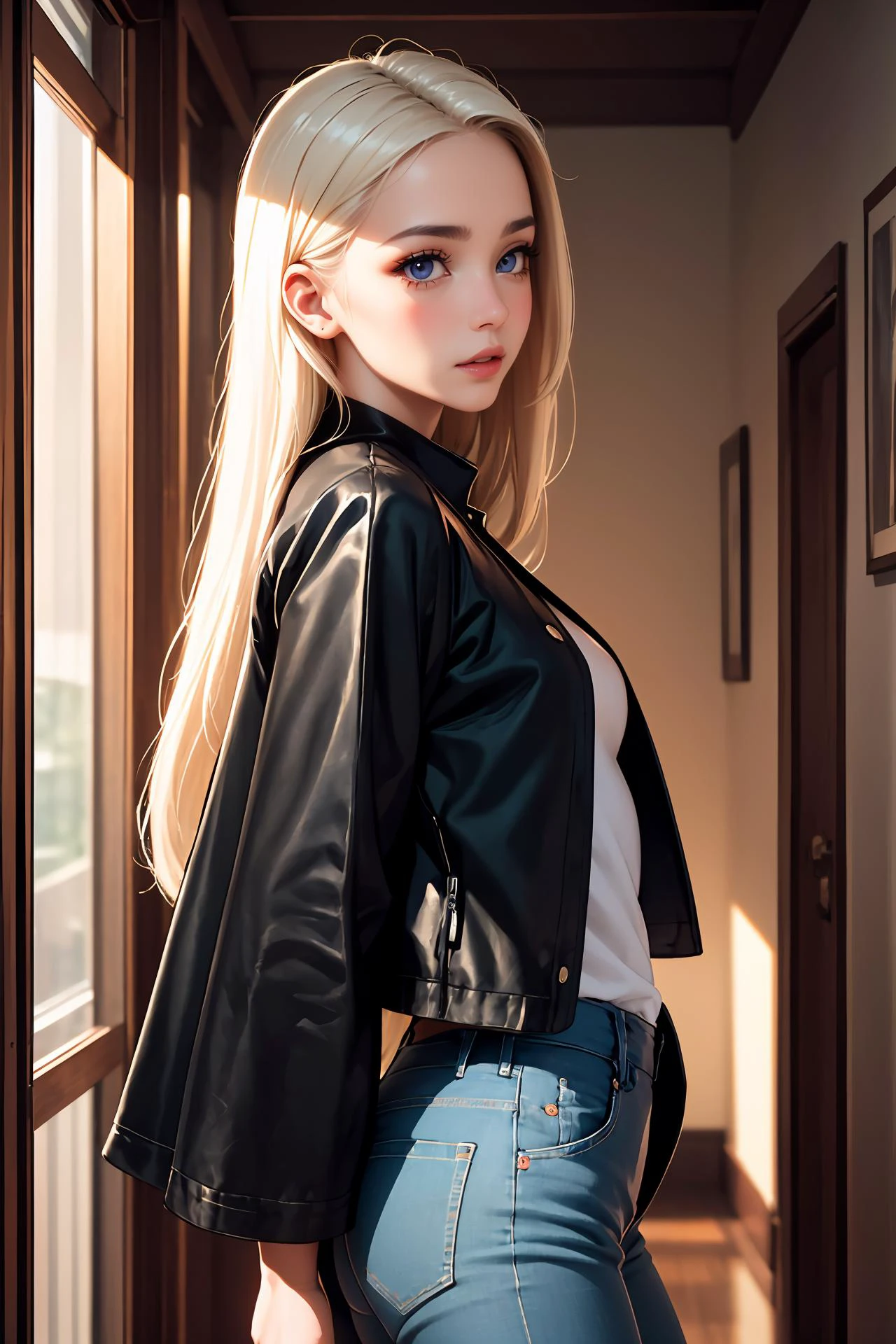 (ultra realistic,32k, masterpiece:1.2),(high detailed skin:1.1),( high quality:1.1),
nsfw,
adolescence, petite, east asian, steel gray eyes, flared ears, crooked nose, tapered chin, straight forehead, oval face shape, symmetrical eyes, , platinum blonde long and straight hair, excitement,,
wearing Dior tailored pants,
(looking at viewer, standing, crossed legs, from side:1.1),knee up,
hallway
cheerful and lively,
hyperrealism,
blurred desaturated bokeh background,
soothing tones,
muted colors,
high contrast,
natural skin texture,
soft light,
sharp,
artistic photoshoot,
<lora:crown_braid-1.0:0.8>