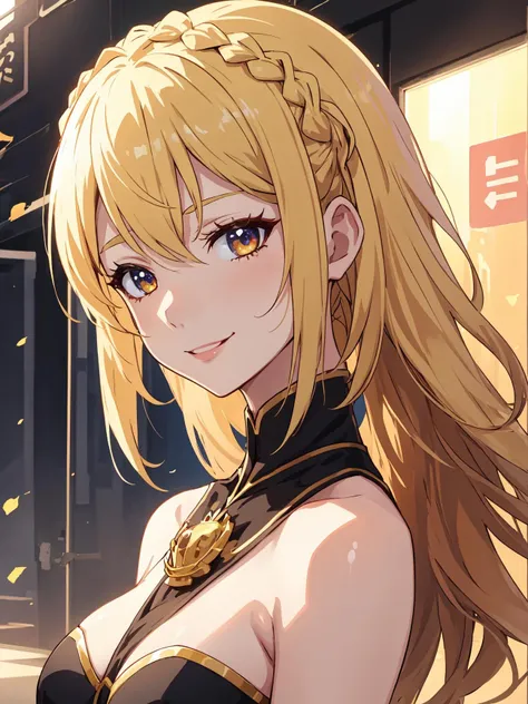 anime style, vibrant, studio anime, highly detailed, 8k, solo, 1girl, headshot, (crown braid), blonde hair, side eye, elegant, mature woman, coy smile, <lora:crown_braid-1.0:0.8>