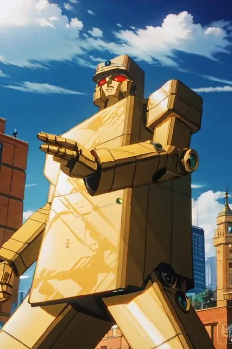 <lora:ROBOgoldlightan :1>,goldlightan,robot,solo,fighting_stance,cityscape,upper_body,