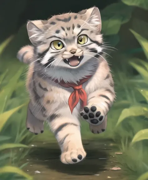 masterpiece,best quality,manul,manulcat, pallascat,,(kitten:1.1),red neckerchief,running,