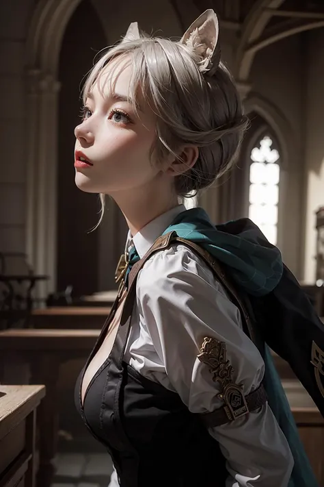 <lora:lynette02:1>, lynette, lynette (genshin impact), hair bow,animal ears,grey hair,short hair,facial mark, bow,ribbon,capelet,black pantyhose, low ponytail, tail,
1girl,solo, short hair,realistic, grey hair,lips,profile,portrait,closed mouth,nose,from side, best quality, masterpiece, illustration, an extremely delicate and beautiful, extremely detailed ,CG,unity,8k wallpaper, Amazing, finely detail, masterpiece, best quality,official art,extremely detailed CG unity 8k wallpaper,absurdres, incredibly absurdres, huge filesize , ultra-detailed, highres, extremely detailed,beautiful detailed girl, extremely detailed eyes and face, beautiful detailed eyes,light on face,
indoors, medieval, france, courtroom, inside, day