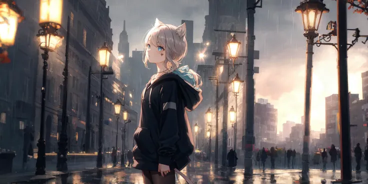 1girl, necklace, long hair, cowboy shot, standing, <lora:lynette02:0.8>, lynette, hair bow, animal ears, grey hair, short hair, facial mark, bow, ribbon, capelet, black pantyhose, low ponytail, tail,
black cloak, (hood down, wearing a hoodie:1.3), (glaring),
rain, water drop, night, city, lamppost,, weird atmosphere, (best quality:1.1), (masterpiece:1.2), high quality shadow, beautiful detailed, (high detailed skin, skin details), (wide_landscape, 8k), beautiful face, detailed eyes, depth of field, dramatic light, best quality, highres, best shadow, best illumination,
