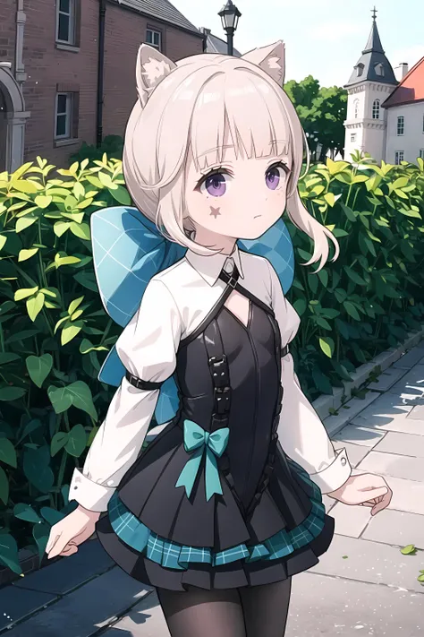 masterpiece, best quality, 1girl, lynette, violet eyes, pale skin, light grayish brown hair, (low thin ponytail:1.2), side-swept bangs, purple eyes, small animal ears, blunt bangs, grey hair, facial mark, ((green bow, plaid ribbon)), black dress, frills skirt, black pantyhose, (expressionless:1.2), (picturesque European village with cobblestone streets:0.8), <lora:lynette02:0.8>