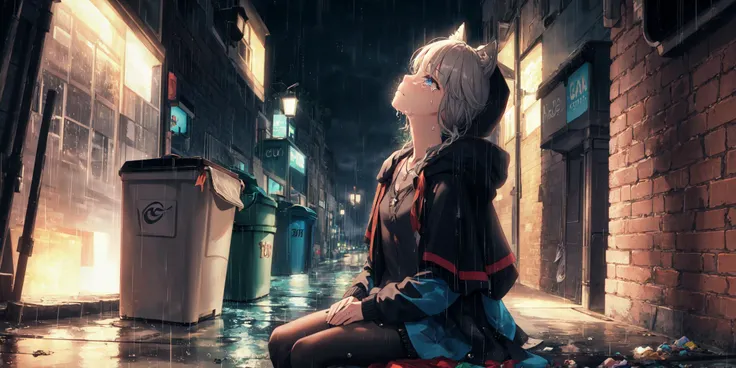 1girl, necklace, long hair, cowboy shot, <lora:lynette02:0.8>, lynette, hair bow, animal ears, grey hair, short hair, facial mark, bow, ribbon, capelet, black pantyhose, low ponytail, tail,
(hood up:1.3), (glaring), (head tilt, looking up, streaming tears, tears, frown:1.1), (sitting, against wall, dark_alley, rain, water drop, night, rainy night, city, trash can, street:1.3),, weird atmosphere, (best quality:1.1), (masterpiece:1.2), high quality shadow, beautiful detailed, (high detailed skin, skin details), (wide_landscape, 8k), beautiful face, detailed eyes, depth of field, dramatic light, best quality, highres, best shadow, best illumination,