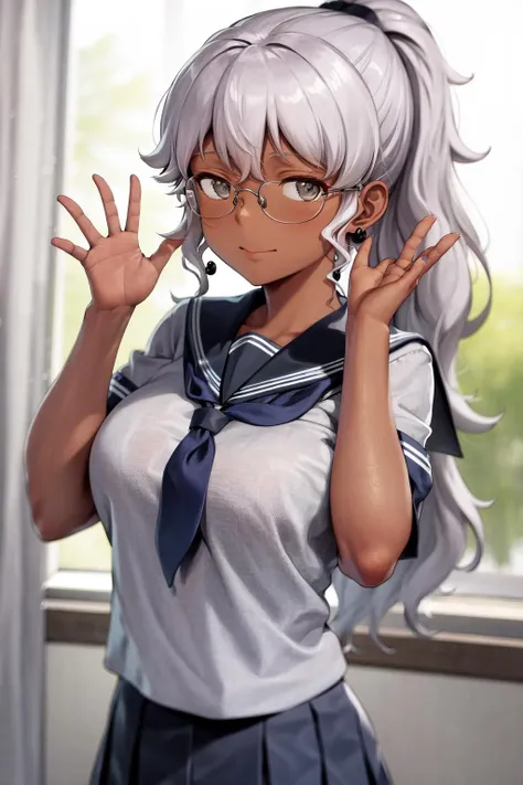 masterpiece, best quality, highres, 1girl grey hair ponytail dark skin glasses earrings <lora:naomi_ortmann_no_outfit:1> serafuku, school uniform, pleated skirt