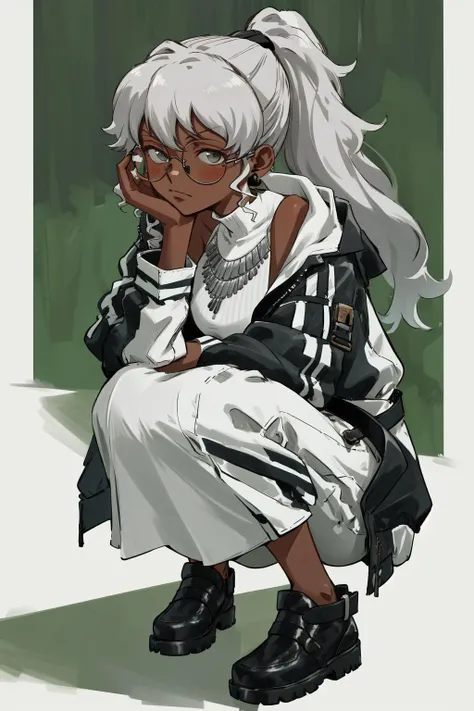 masterpiece, best quality, highres, 1girl grey hair ponytail dark skin glasses earrings, white dress necklace belt black jacket <lora:naomi_ortmann:1> squatting, head rest