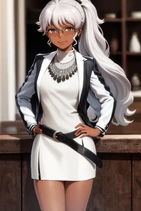 masterpiece, best quality, highres, 1girl grey hair ponytail dark skin glasses earrings, white dress necklace belt black jacket <lora:naomi_ortmann:1> hand on hip, smile