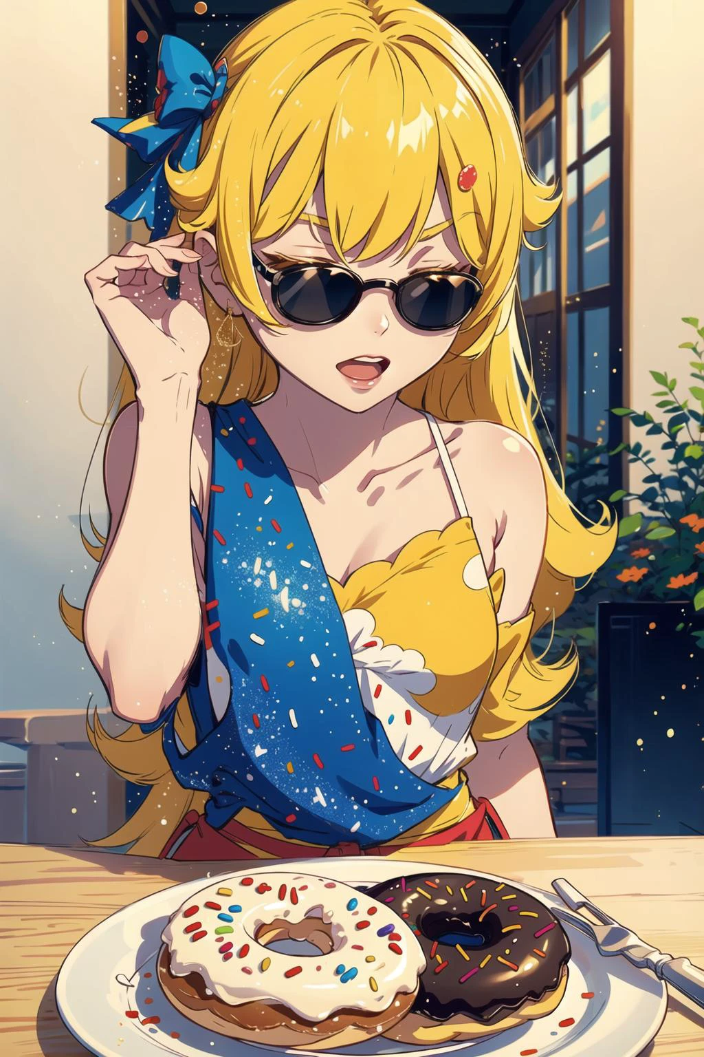 (masterpiece:1.2), (best quality:1.2), (ultra detailed:1.1), cute oshino shinobu wearing intricate beautiful modern clothes sprinkling sprinkles, on a plate of colorful vibrant delicious donuts, long_hair,blonde_hair,SaltBaeMeme sunglases,salt,open mouth,1girl, <lora:loraOshinoShinobu-v1:0.25>, <lora:SaltBaeMeme:0.8>