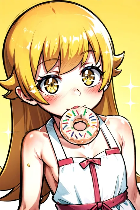 + +, 1girl, ^^^, bangs, bare shoulders, blonde hair, yellow eyes, blush, collarbone, doughnut, dress, eyebrows visible through hair, food, food in mouth, long hair, looking at viewer, mouth hold, notice lines, oshino shinobu, sleeveless, solo, sparkle, white dress, yellow background, <lora:loraOshinoShinobu-v1:0.8>