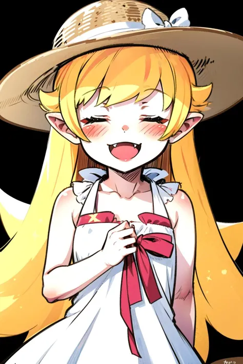 1boy, 1girl, :d, ^ ^, blush, blonde hair, closed eyes, pointy ears, oshino shinobu, dated, dress, fang, hat, long hair, open mouth, signature, simple background, smile, solo focus, sun hat, very long hair, white background, white dress, <lora:loraOshinoShinobu-v1:0.8>