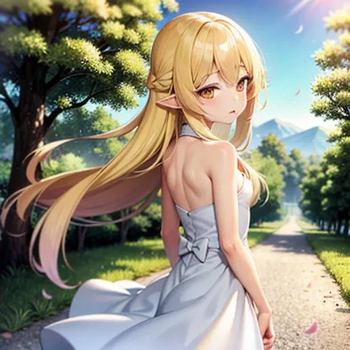 1girl, solo, female, (oshino_shinobu),<lora:loraOshinoShinobu-v1:0.6>, (blonde) (blonde_hair), (yellow_hair), ((long_hair)), ((bangs)), (yellow_eyes), blush, cute, innocent face, pointy_ears, (blush_stickers), flat_chest, dress, white_dress, bow, standing, looking_back global illumination, hdri, subsurface scattering, masterpiece, 4k, raytrace, beautiful, sharp, smooth skin, bloom, anime sunset, nature, windy, trees, flowers, sakura_petals,