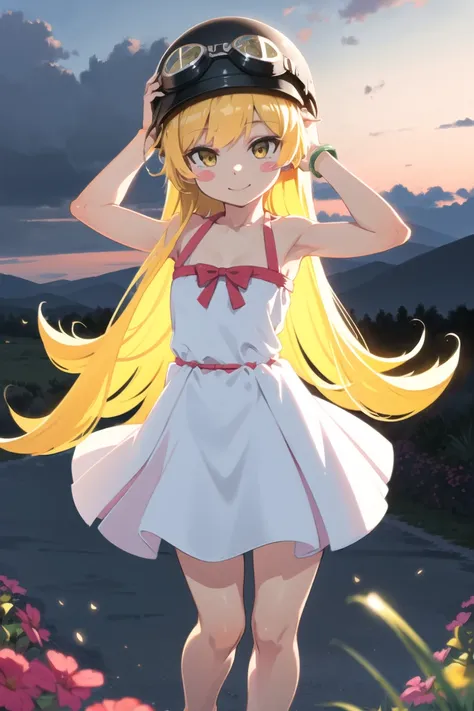 1girl, solo, female, (oshino_shinobu),<lora:loraOshinoShinobu-v1:0.6>, (blonde) (blonde_hair), (yellow_hair), ((long_hair)), ((bangs)), (yellow_eyes), blush, pointy_ears, (blush_stickers), flat_chest,
white_dress, bow, bracelet, pose, barefoot, full_body, ((helmet)), ((googles)), hands_on_own_head, arms open, holding, smiling
global illumination, hdri, subsurface scattering, masterpiece, 4k, raytrace, beautiful, sharp, smooth skin, bloom, anime
sunset, nature, mountains, clouds, grass, flowers, fireflies