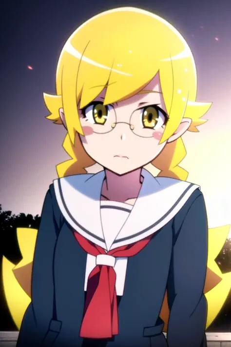 1girl, solo, female, (oshino_shinobu),<lora:loraOshinoShinobu-v1:0.8>, (blonde) (blonde_hair), (yellow_hair), ((long_hair)), ((bangs)), (yellow_eyes), blush, cute, innocent face, pointy_ears, (blush_stickers), flat_chest,
braid, (twin_braids), (serafuku), bespectacled, school_uniform, glasses, bow, hand
global illumination, hdri, subsurface scattering, masterpiece, 4k, raytrace, beautiful, sharp, smooth skin, bloom, (anime)
sunset, nature, school