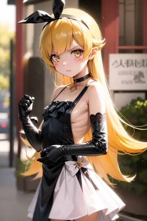 1girl, solo, female, (oshino_shinobu),<lora:loraOshinoShinobu-v1:0.6>, (blonde) (blonde_hair), (yellow_hair), ((long_hair)), ((bangs)), (yellow_eyes), blush, cute, innocent face, pointy_ears, (blush_stickers), flat_chest,
black dress, bow, bracelet, angry, choker, elbow_gloves, gloves, (hairband, cosplay, parody)
global illumination, hdri, subsurface scattering, masterpiece, 4k, raytrace, beautiful, sharp, smooth skin, bloom, anime
sunset, nature